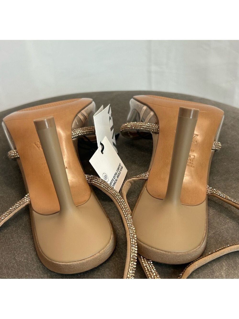 Zara Sandy Brown Crystal rhinestone lace up vinyl strappy high heel sandals 6.5 - Picture 7 of 10
